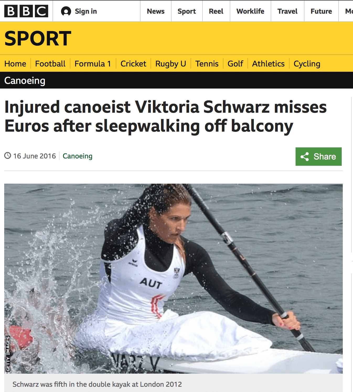 Injured canoeist Viktoria Schwarz misses Euros after sleepwalking off balcony