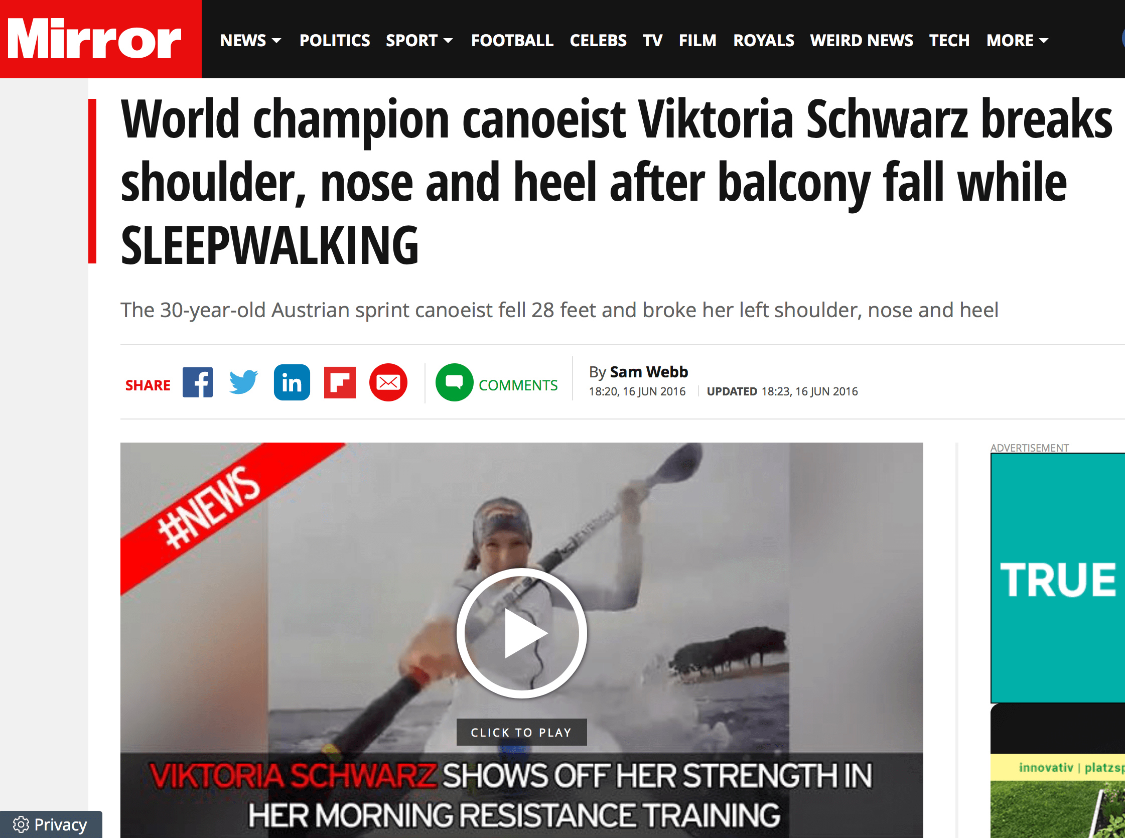World champion canoeist Viktoria Schwarz breaks shoulder, nose and heel after balcony fall while SLEEPWALKING