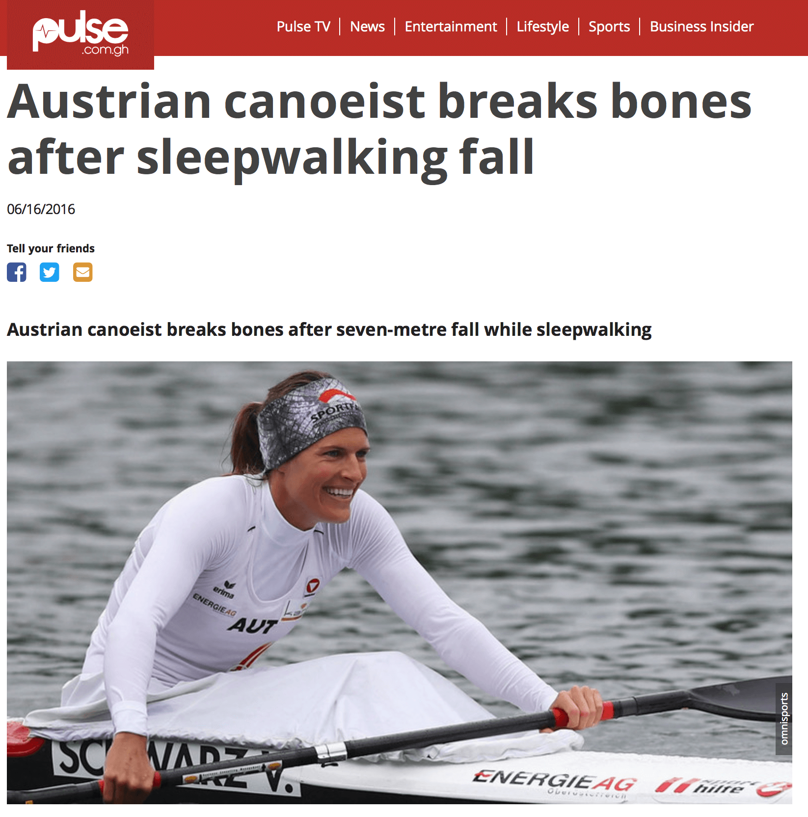 Austrian canoeist breaks bones after sleepwalking fall
